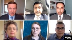 از راست بالا: تریتا پارسی، رو کانا و سناتور مورفی. از راست پایین: پیتر باینارت، کلسی دون‌پورت و باربارا اسلاوین