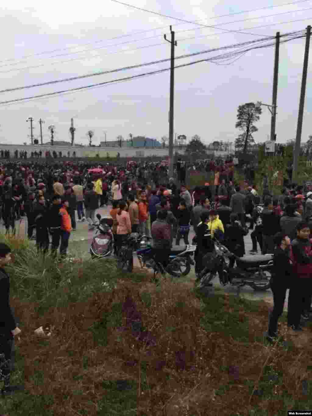 江西上饶鄱阳县饶埠镇数以千计村民抗议附近化工厂污染（博讯、微博等网络图片）