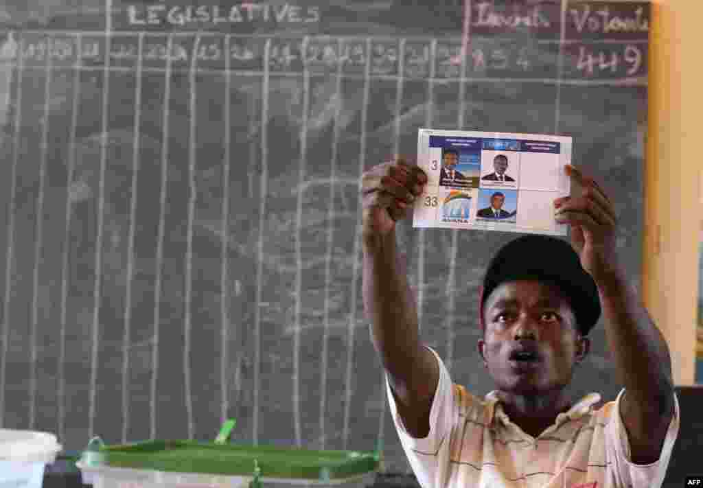 Seorang panitia pengawas pemilu memegang surat suara sementara jumlah suara dihitung di TPS di Antananarivo.&nbsp; Penduduk Madagascar memilih Presiden baru melalui pemilu dua putaran&nbsp; yang bertujuan untuk mengakhiri krisis ekonomi dan politik yang dipicu oleh sebuah kudeta empat tahun yang lalu. 