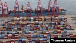 在新冠(COVID-19)大流行的情况下，长滩港-洛杉矶港的集装箱码头从船上卸下运输集装箱 (资料照片)