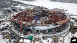 FILE - An aerial view taken on Feb. 15, 2015, shows the construction site of the new Stadium which will host matches of the 2018 World Cup in St.Petersburg, Russia.