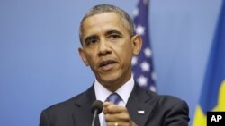 2013年9月4日奥巴马总统在斯德哥尔摩与瑞典首相赖因费尔特举行的联合记者会上。
