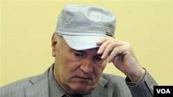 Mantan pemimpin militer Serbia-Bosnia Ratko Mladic saat menghadiri sidang di pengadilan militer PBB di Den Haag (3/6).