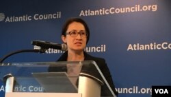 台湾民进党立法委员萧美琴2019年4月8日在美国大西洋理事会演讲 （美国之音锺辰芳拍摄）
