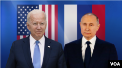 Joe Biden, as US President, and Vladimir Putin, as Russia president (l-r), over US and Russian flags, on texture, partial graphic