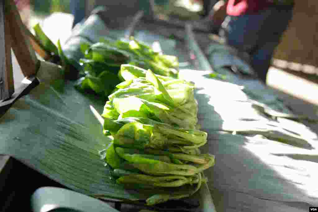 កសិករកំពុងលាងបន្លែសរីរាង្គនិងរៀបចំវេចខ្ចប់មុននឹងដឹកមកទីតាំងលក់ នៅឯរមណីយដ្ឋាន ពិកនិកក្នុងខេត្តព្រះសីហនុ កាលពីថ្ងៃទី០២ កញ្ញា ២០១៧។ (ទុំ ម្លិះ/VOA)