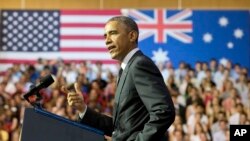 15일 호주 퀸즈랜드대학에서 연설하는 오바마 대통령