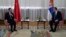 Serbian President Aleksandar Vucic, right, speaks with visiting Chinese Foreign Minister Wang Yi during a meeting at the Serbia Palace in Belgrade, Oct. 28, 2021.
