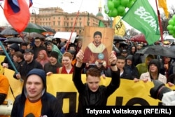 A rally for free Internet in St Petersburg, Russia, 1 May 2018