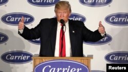 U.S. President-Elect Donald Trump speaks at an event at Carrier HVAC plant.