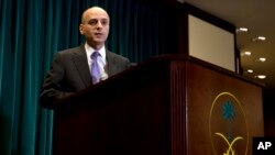 Saudi Arabian Ambassador to the United States Adel Al-Jubeir speaks during a news conference at the Royal Embassy of Saudi Arabia in Washington, Wednesday, March 25, 2015.