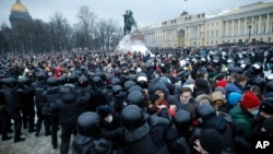 资料照片：俄罗斯民众抗议囚禁纳瓦尔尼的示威游行。（2021年1月23号）