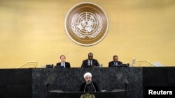 2013年9月26日伊朗总统哈桑·鲁哈尼在第68届联合国大会上就解决核裁军问题发言