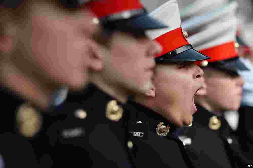 A Royal Marine Cadet yawns as he takes part in a parade in London's Trafalgar Square to mark the anniversary of the Battle of Trafalgar. The Battle of Trafalgar was fought on Oct. 21, 1805.