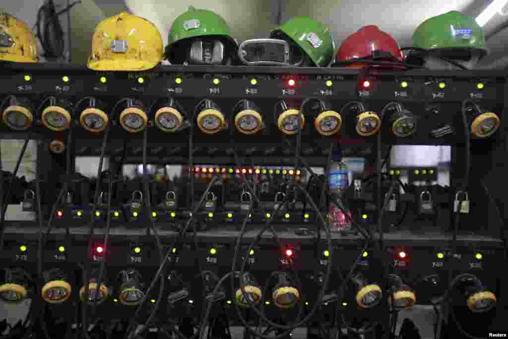 Headlights are charged inside a changing room of a coal mine after a mining disaster in Soma, a district in Turkey&#39;s western province of Manisa, May 14, 2014. Rescuers were still trying to reach parts of the coal mine almost 48 hours after fire knocked out power and shut down ventilation shafts and elevators, trapping hundreds underground. (Reuters)