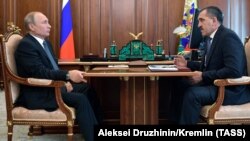 RUSSIA -- Russian President Vladimir Putin (L) meets with Ingushetia's leader Yunus-Bek Yevkurov in Moscow, July 9, 2018