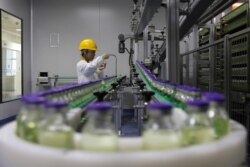 FILE - An employee works on a production line manufacturing drugs at the Yangtze River Pharmaceutical Group in Taizhou, Jiangsu province, China, Sept. 3, 2019.