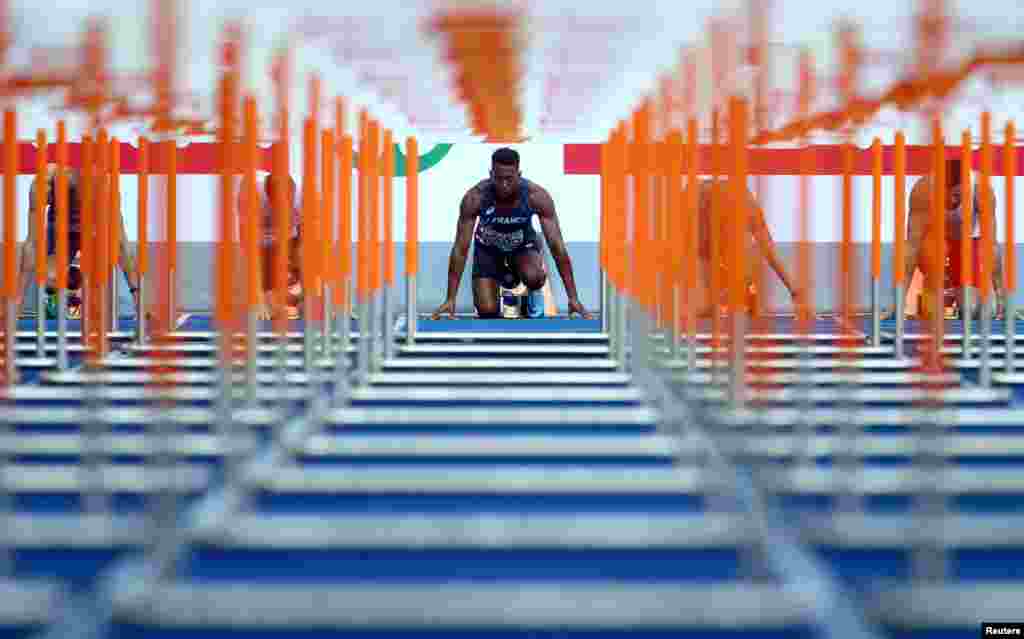 Ruben Gado of France prior to the men's decathlon 110 meter hurdle race at the Olympic Stadium in Berlin during the 2018 European Championships.