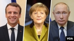 از راست ولادیمیر پوتین، آنگلا مرکل و امانوئل مرکل