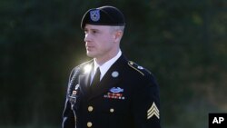 FILE - Army Sgt. Bowe Bergdahl arrives for a pretrial hearing at Fort Bragg, North Carolina, Jan. 12, 2016.