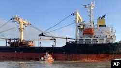 乌克兰边防局发布的照片显示一艘悬挂巴拿马旗的民用货轮，其位置在敖德萨州。(2023年12月18日)