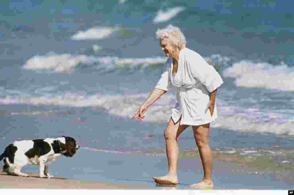 芭芭拉&middot;布什（Barbara Bush）和她的爱犬米莉在佛罗里达州的海滩上（照片日期不详）。