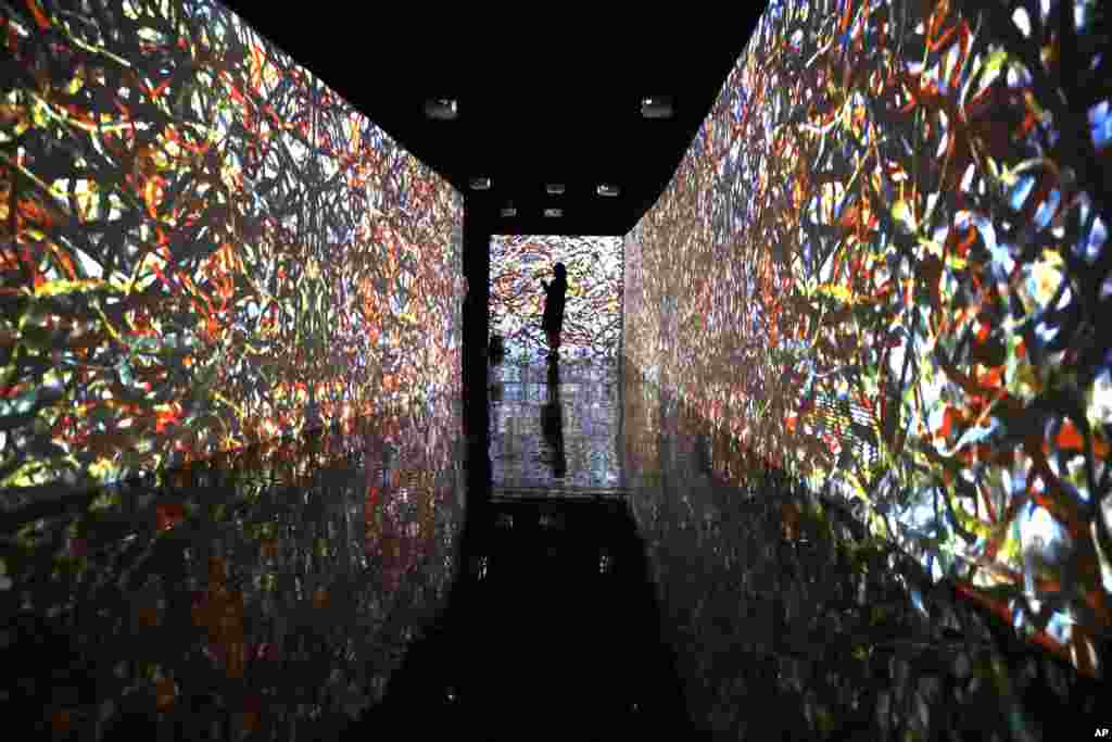 A visitor stands in the projections of Jackson Pollock paintings during a preview of the exhibition &quot;Pollock and the school of NY&quot; in Rome&#39;s Vittoriano museum, Italy.
