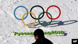 一名男子走过韩国2018平昌冬奥会的标记。（资料照片）