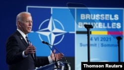 رئیس جمهوری آمریکا در کنفرانس خبری روز دوشنبه در مقر ناتو در بروکسل