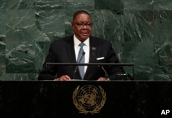 Malawi's President Arthur Peter Mutharika addresses the United Nations General Assembly, Sept. 20, 2017.