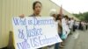 Former security guards of U.S. embassy stage a protest in front of the embassy in Phnom Penh, Cambodia, Tuesday, June 19, 2018. (Tum Malis/VOA Khmer)