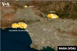 Данные указаны к часу ночи по Тихоокеанскому времени США. Более темные зоны в местах пожаров на карте означают сравнительно новые очаги возгорания.