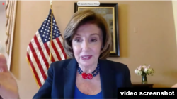 众议院议长佩洛西通过视频连线参加一场有关中国人权与北京冬奥会问题的两党听证会。(2021年5月18日)