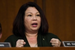 Sen. Tammy Duckworth, D-Ill., asks a question on Capitol Hill, Oct. 29, 2019, during a Senate Committee on Commerce, Science, and Transportation hearing.