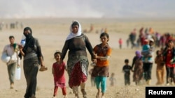 Raseljeni pripadnici manjinske grupe Jazida beže od nasilja i snaga Islamske države u gradu Sindžar. 