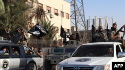 Des combattants du groupe Etat islamique patrouillent à Raqa, Syrie, 30 juin 2014. 