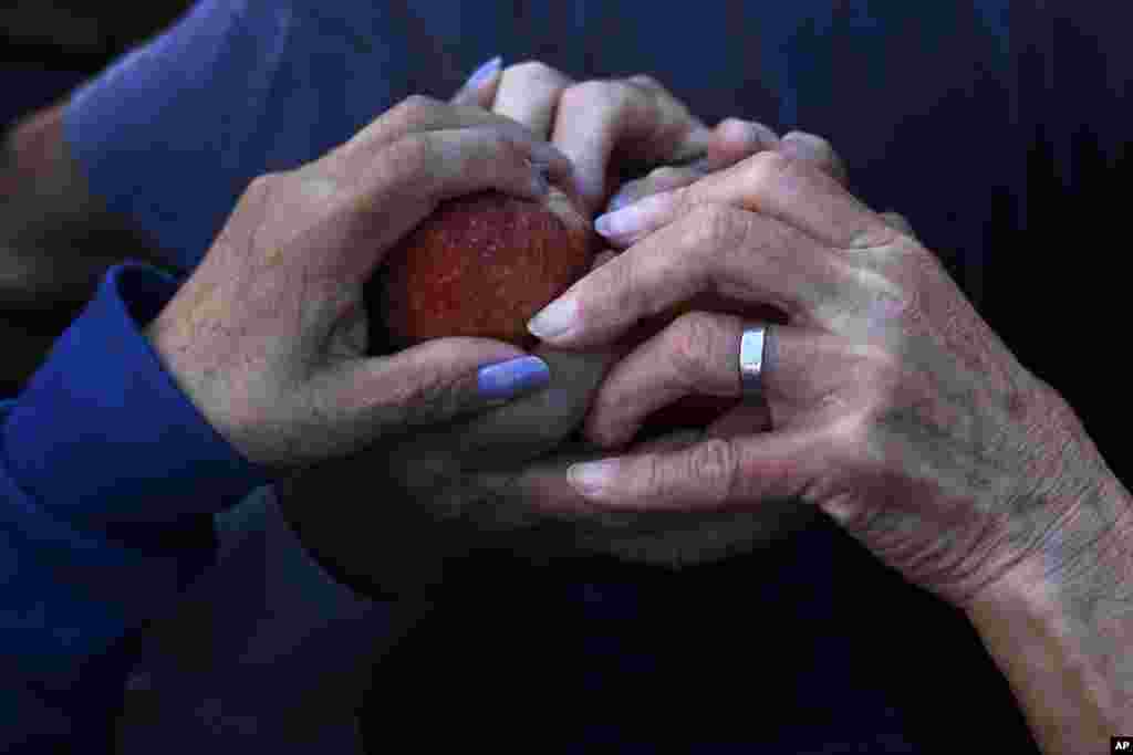 People reach for free fruit that Rio Negro producers are giving away in protest, in Plaza de Mayo, Buenos Aires, Argentina. The producers seek to draw attention to their economic crisis by giving away 10 tons of apples and pears, demanding that President Mauricio Macri&#39;s policies ensure them greater profit.