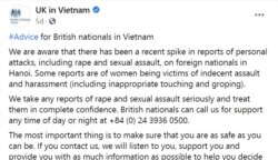 Đại sứ quán Anh cảnh báo về số vụ tấn công người nước ngoài tăng mạnh ở Hà Nội ; 17/2/2021