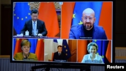 资料照片：欧盟成员国部分领导人与中国国家主席习近平举行视讯会议（2020年12月30日）