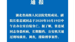 湖北高院2020年10月20日发通报称副院长张忠斌一天前自缢身亡