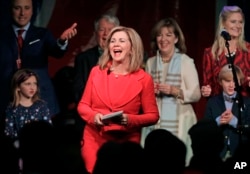 Rep. Marsha Blackburn, R-Tenn., speaks to supporters after she was declared the winner over former Gov. Phil Bredesen in their race for the U.S. Senate Tuesday, Nov. 6, 2018, in Franklin, Tenn. (AP Photo/Mark Humphrey)