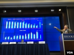 台湾中央研究院研究员朱雲汉宣布亚洲民主动态调查结果 (美国之音钟辰芳拍摄)