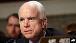 FILE - Senate Armed Services Committee Chairman Sen. John McCain speaks on Capitol Hill in Washington, May 23, 2017.