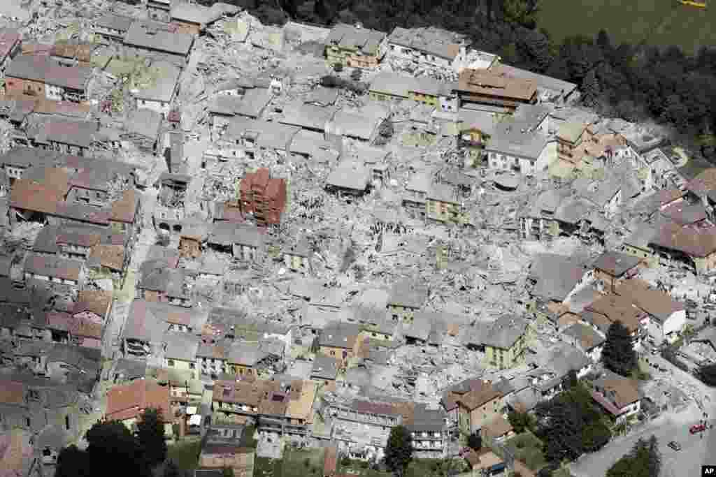 This aerial photo shows damaged buildings in the town of Amatrice, central Italy, after an earthquake, Aug. 24, 2016. The magnitude 6 quake struck at 3:36 a.m. (0136 GMT) and was felt across a broad swath of central Italy, including Rome where residents of the capital felt a long swaying followed by aftershocks.