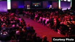 A presentation at the main stage of the Grace Hopper Celebration in Orlando, Florida, Oct. 5, 2017