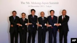 日本首相安倍晋三（左三）与东盟各国领导人在东京携手合影。（2013年12月14日）