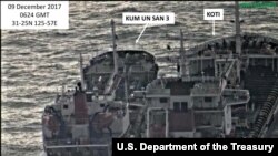 미국 재무부가 지난해 2월 북한의 불법거래를 겨냥한 새 제재조치를 발표하면서, 북한 선박 금운산 호와 파나마 선적의 코티 호가 선박 간 환적을 하는 사진을 공개했다. 