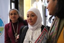 Shaza Alrihawi of the Global Refugee Network was one of the 60 refugees attending the 3000-person refugee conference on Dec. 17, 2019 in Geneva. (Heather Murdock/VOA)
