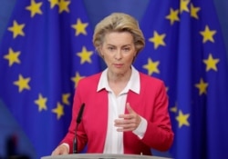 European Commission President Ursula von der Leyen talks to the press after the college of EU commissioners in Brussels, Belgium, Sept. 23, 2020.