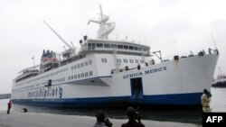 FILE - A picture taken on Aug. 10, 2013 shows 'Mercy Africa' hospital ship docked at the port in Pointe-Noire.